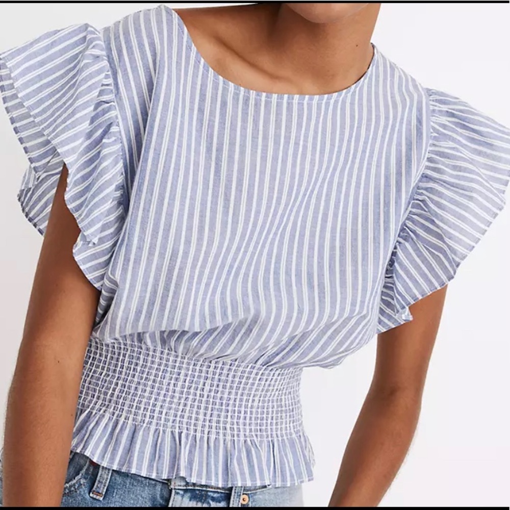NWT Madewell Flutter-Sleeve Smocked Top in Stripe